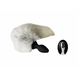 Анальный плаг "Vander" с вибрацией, силикон, ,белый хвост 40см., Чёрный