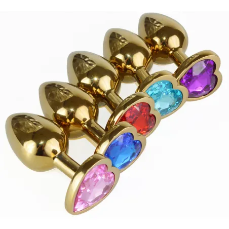 Анальная пробка Сердце с СИНИМ кристаллом, золото,d 2,8 мм