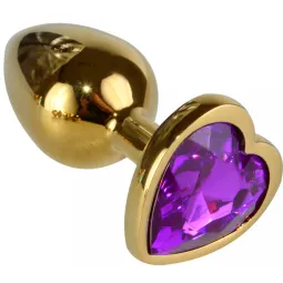 Анальная пробка Сердце с СИРЕНЕВЫМ кристаллом, золото,d 2,8 мм