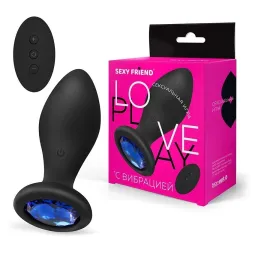 ВТУЛКА С ВИБРАЦИЕЙ чёрный, цвет кристалла синий, 10 режимов вибрации, L 90 мм D 35 мм, дистанционный пульт