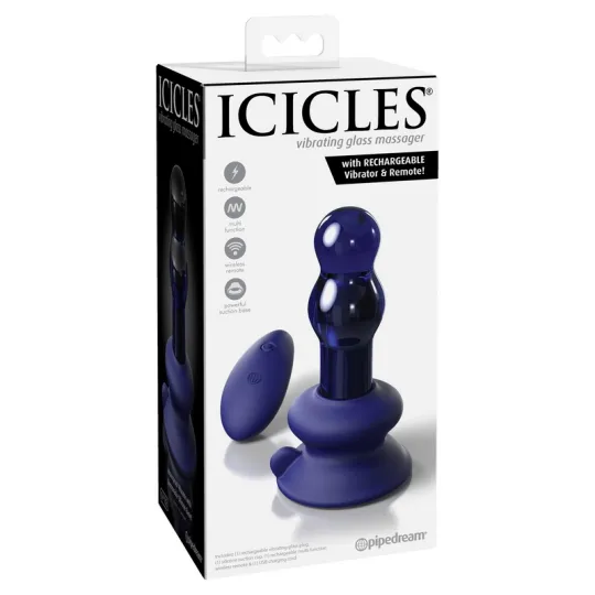 Анальный вибростимулятор ICICLES vibrating glass massager с пультом ДУ и присоской - 10,6 см.