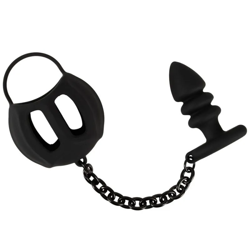 Анальная втулка Black Velvets с кольцом для пениса и клеткой для мошонки