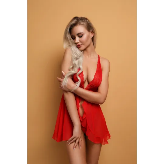 Романтичная сорочка с кружевом и застёжкой спереди красная (S/M)