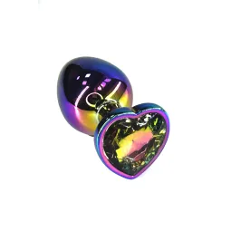 Анальная пробка из алюминия с кристаллом в форме сердца цвета неохром (Large)