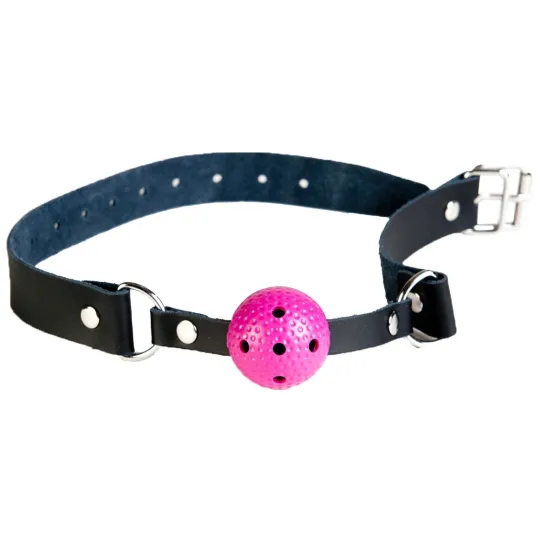 Кляп розовый с черным ремешком.