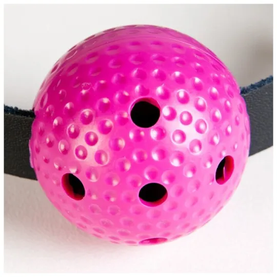 Кляп розовый с черным ремешком.