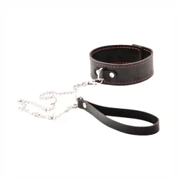 Ошейник из натуральной кожи с красной строчкой и поводком