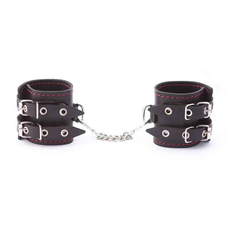 Наручники из кожи с двумя ремнями и черной подкладкой