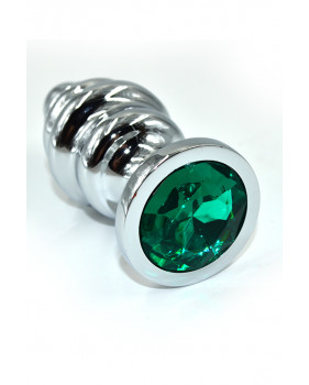 Серебряная ребристая анальная пробка с темно-зеленым кристаллом (Medium)