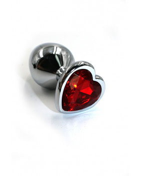 Серебряная анальная пробка с красным кристаллом в форме сердца (Large)