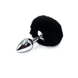 Серебряная анальная пробка с черным заячьим хвостиком (Small)