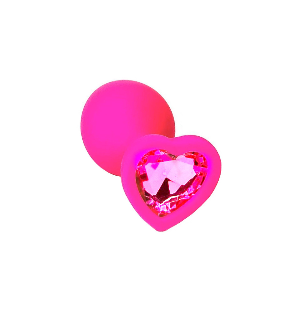 Розовая анальная пробка из силикона с розовым кристаллом в форме сердца