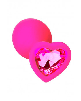 Розовая анальная пробка из силикона с розовым кристаллом в форме сердца