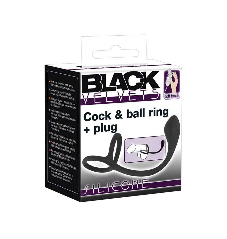 Эрекционное кольцо с утяжкой на мошонку + анальный плаг Black Velvets Cock & Ball Ring + Plug