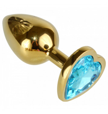 Анальная пробка Сердце с ГОЛУБЫМ кристаллом, золото,d 2,8 мм