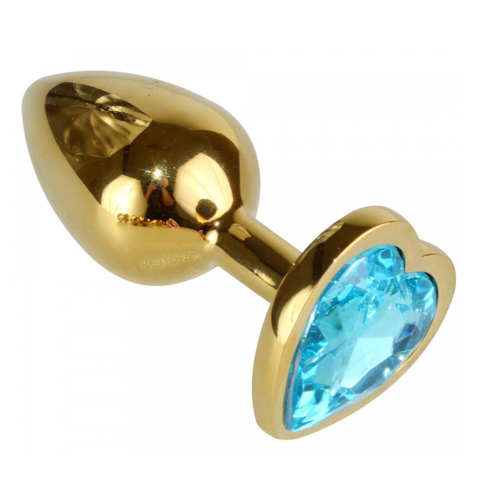 Анальная пробка Сердце с ГОЛУБЫМ кристаллом, золото,d 2,8 мм