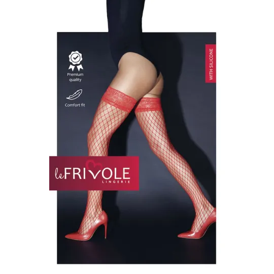 Чулки красные в крупную сетку с кружевной резинкой на силиконе (Sense)